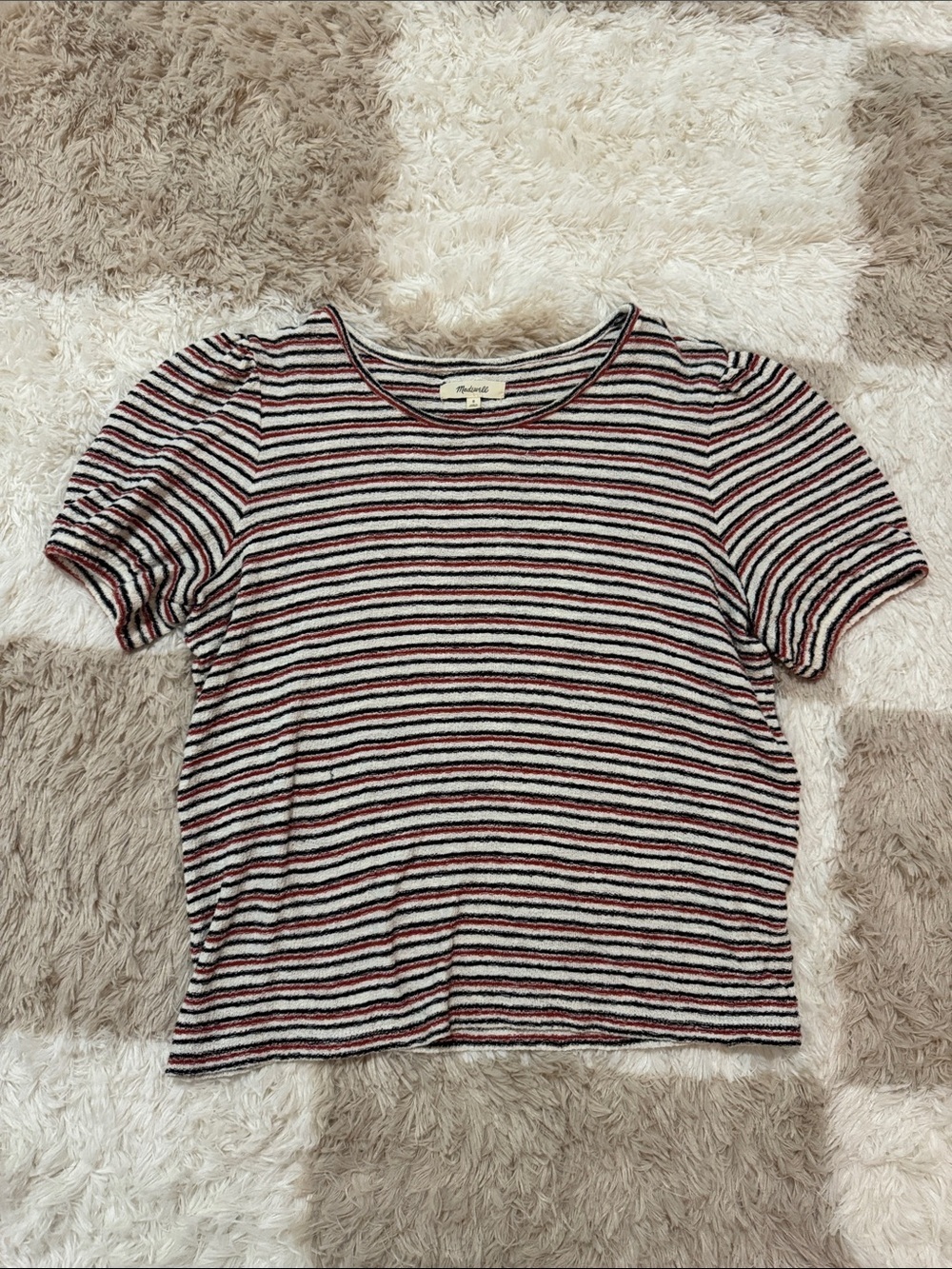 Madewell Striped Short Sleeve Crewneck Top in Black, White & Red